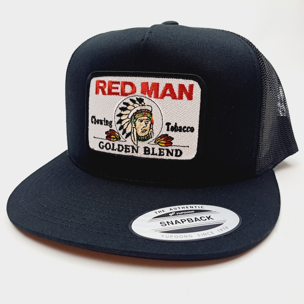 Red Man Tobacco Patch Flat Bill Mesh Trucker Snapback Hat Cap Black